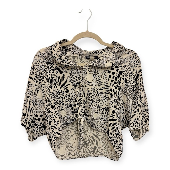 basil lola Tops - Basil & Lola Black White Leopard Print Tie Front Blouse Retro Y2K Top Small